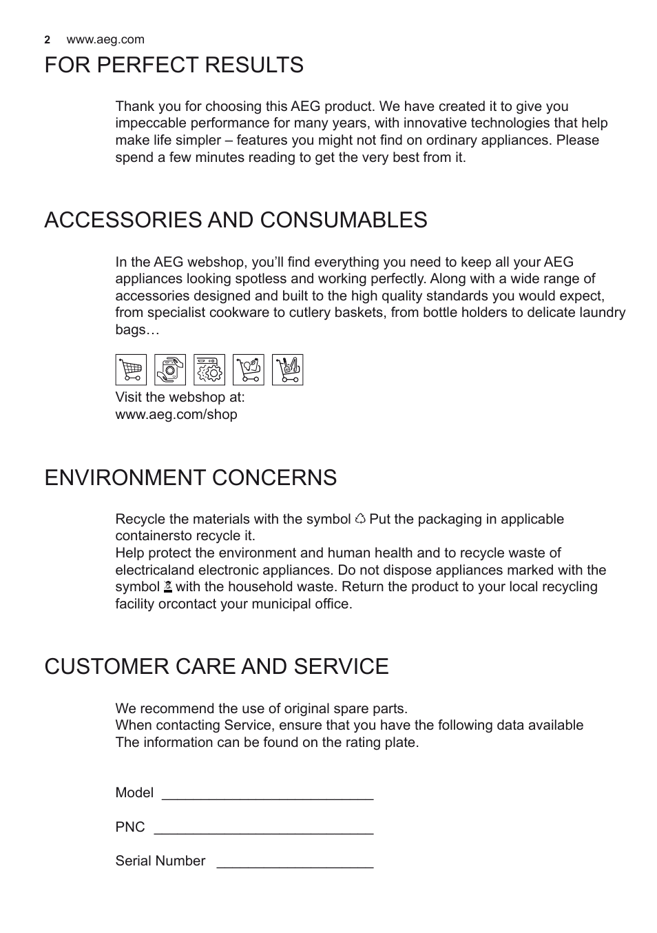 For perfect results, Accessories and consumables, Environment concerns | Customer care and service | AEG X68163WV10 User Manual | Page 2 / 56
