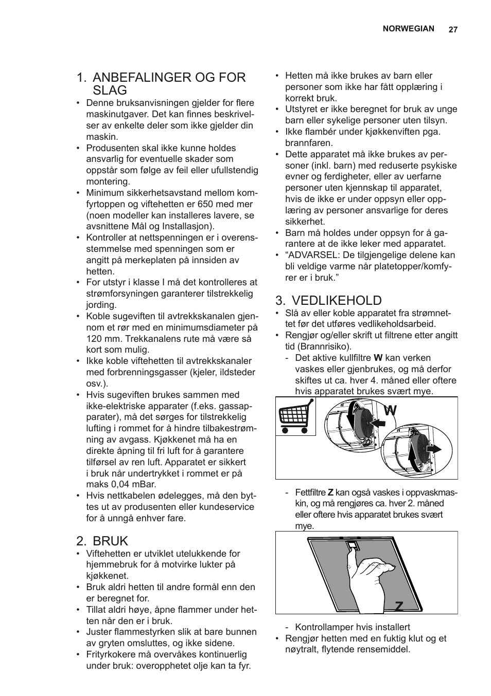 Anbefalinger og for slag, Bruk, Vedlikehold | AEG X68163WV10 User Manual | Page 27 / 56