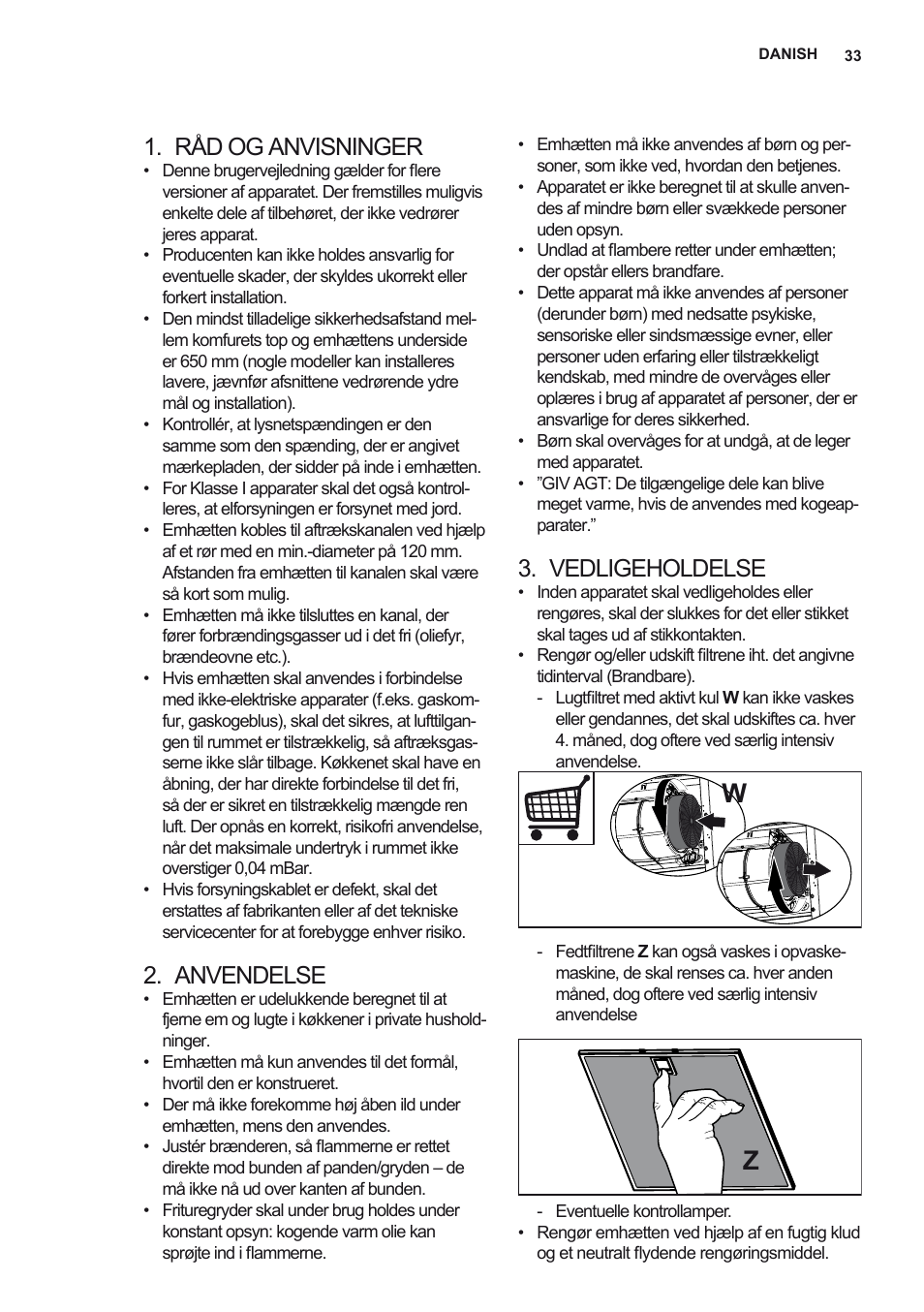 Råd og anvisninger, Anvendelse, Vedligeholdelse | AEG X68163WV10 User Manual | Page 33 / 56
