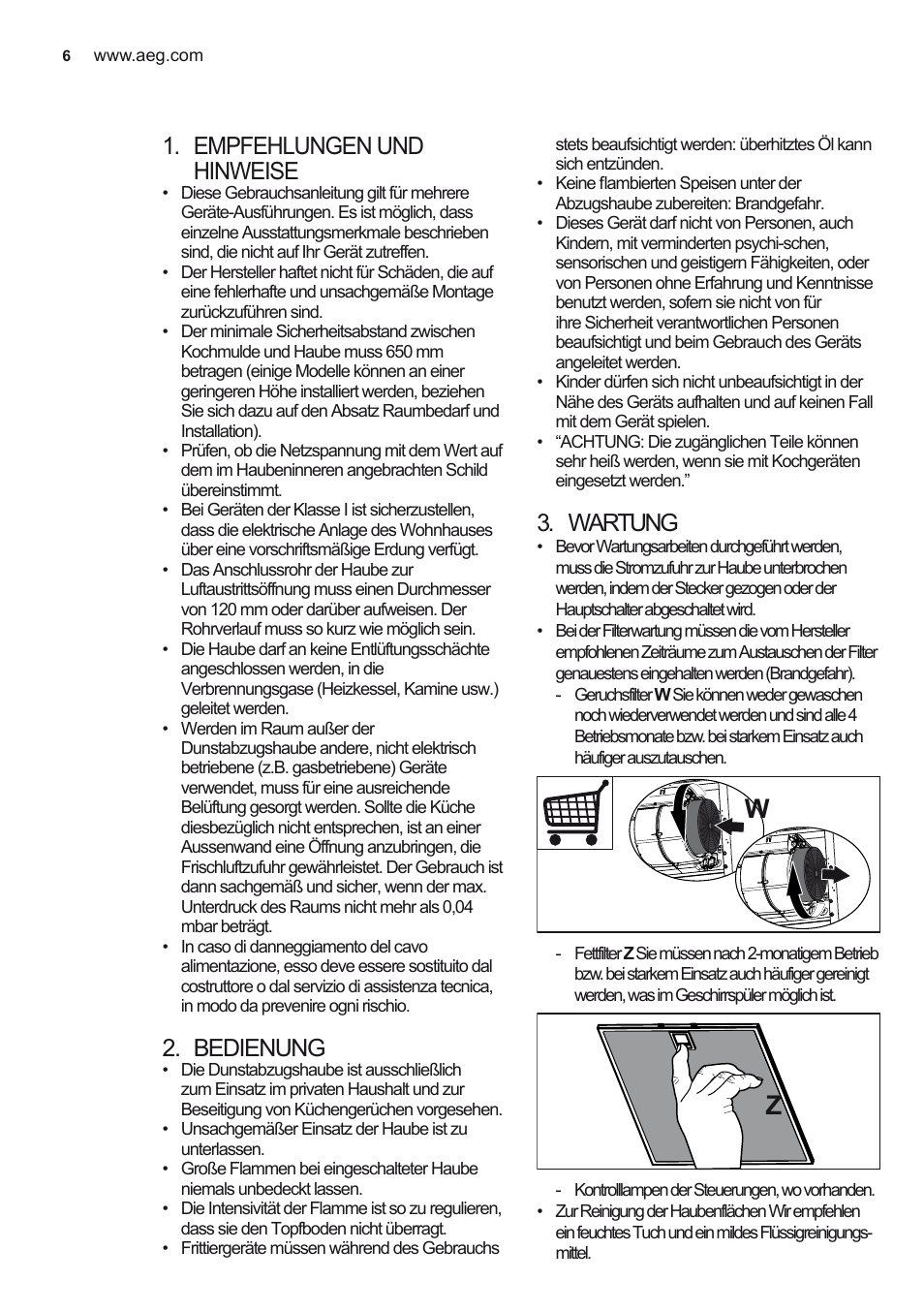 Empfehlungen und hinweise, Bedienung, Wartung | AEG X68163WV10 User Manual | Page 6 / 56