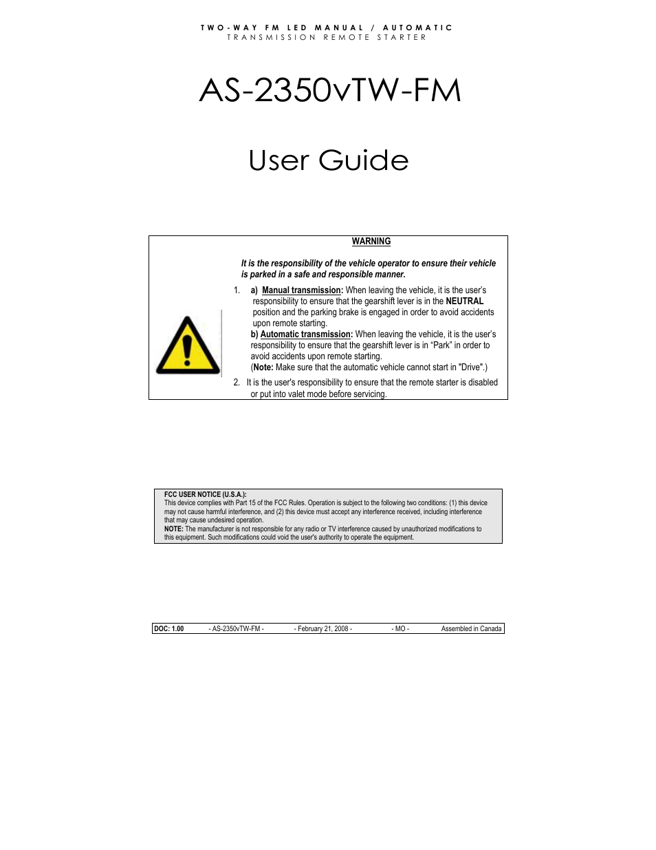 Autostart AS-2350vTW-FM User Manual | 16 pages