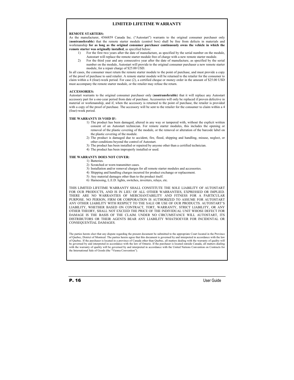 P. 16 user guide, Limited lifetime warranty | Autostart AS-2350vTW-FM User Manual | Page 16 / 16