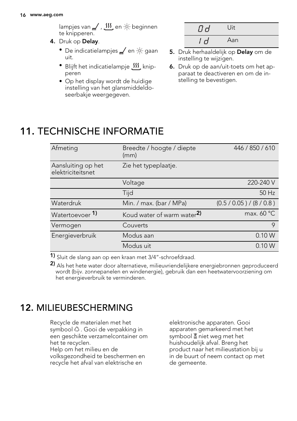 Technische informatie, Milieubescherming | AEG F57202W0 User Manual | Page 16 / 64