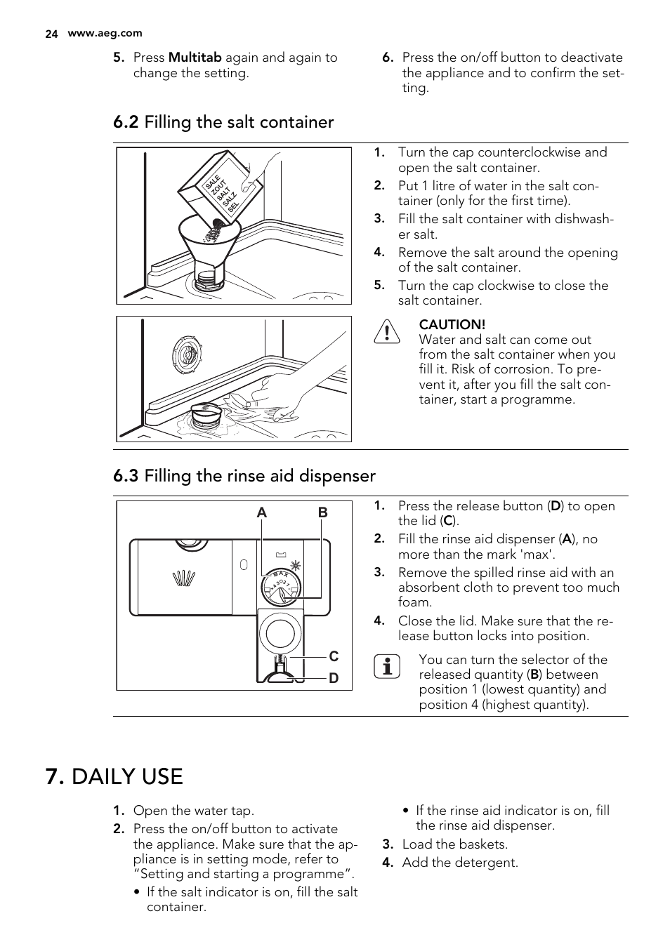 Daily use, 2 filling the salt container, 3 filling the rinse aid dispenser | AEG F57202W0 User Manual | Page 24 / 64
