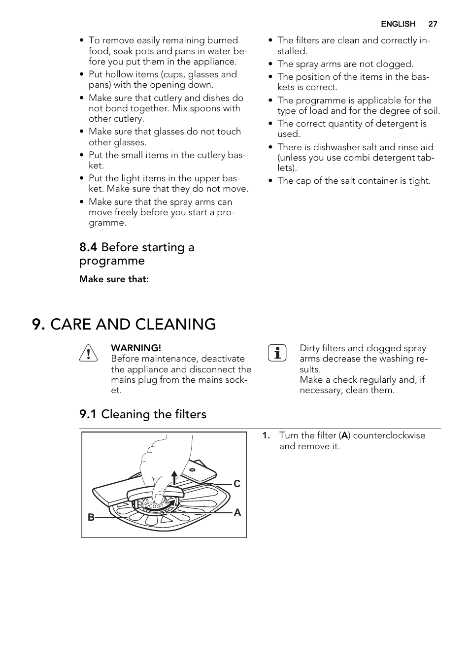 Care and cleaning, 4 before starting a programme, 1 cleaning the filters | AEG F57202W0 User Manual | Page 27 / 64