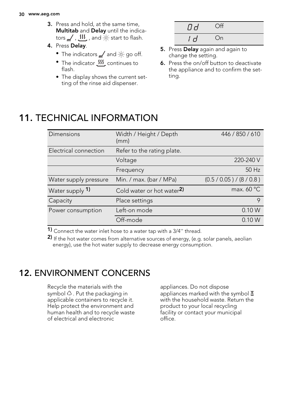 Technical information, Environment concerns | AEG F57202W0 User Manual | Page 30 / 64