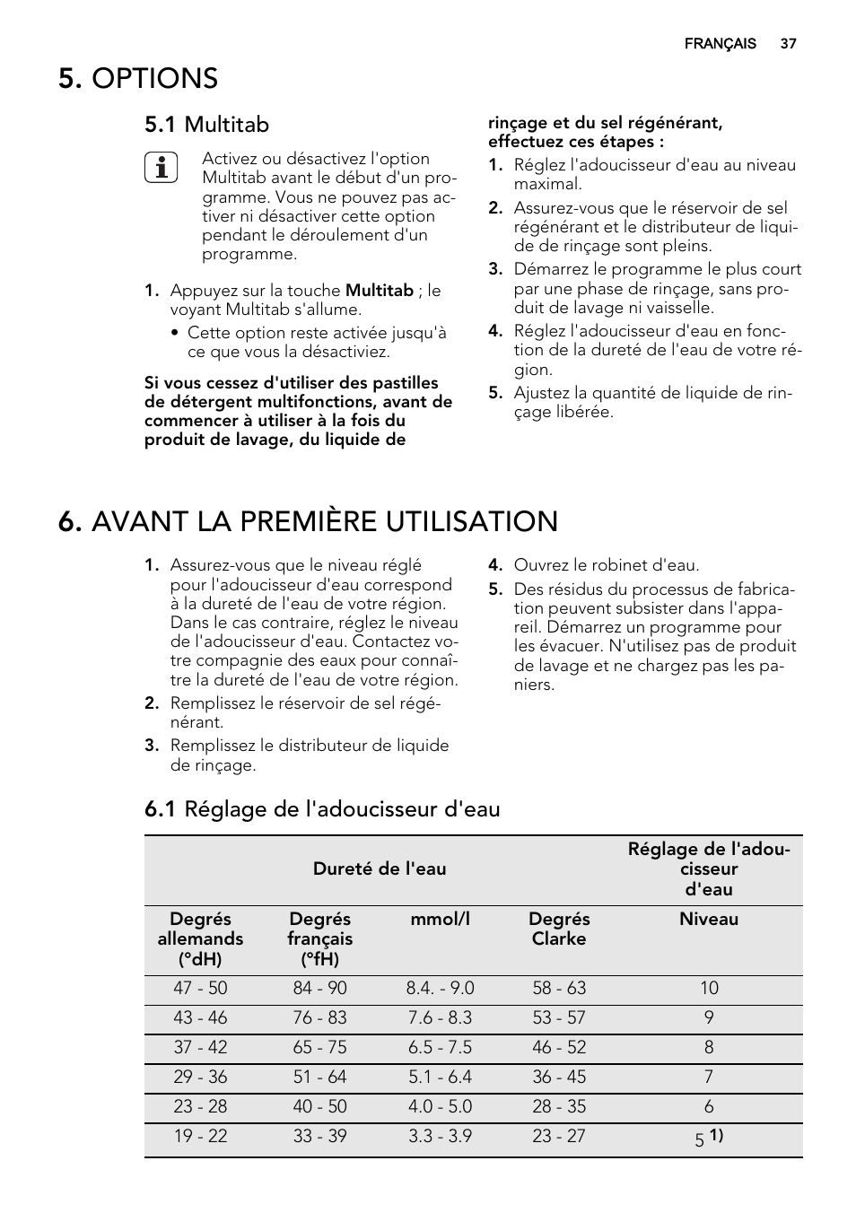 Options, Avant la première utilisation, 1 multitab | 1 réglage de l'adoucisseur d'eau | AEG F57202W0 User Manual | Page 37 / 64
