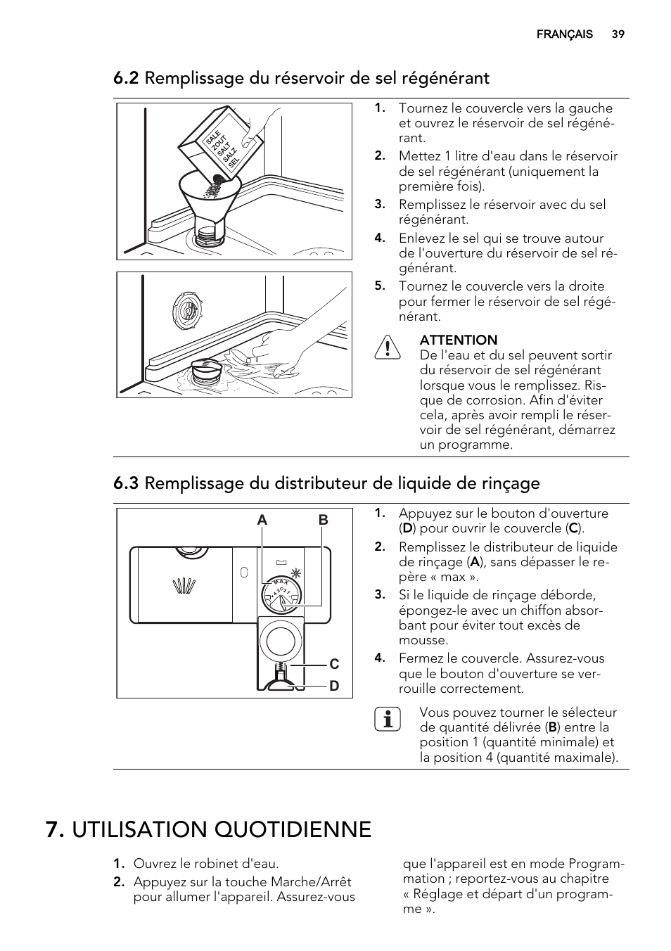 Utilisation quotidienne, 2 remplissage du réservoir de sel régénérant | AEG F57202W0 User Manual | Page 39 / 64