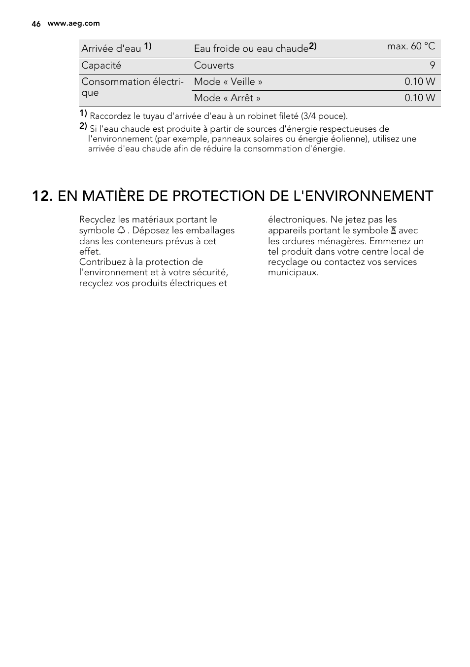 En matière de protection de l'environnement | AEG F57202W0 User Manual | Page 46 / 64