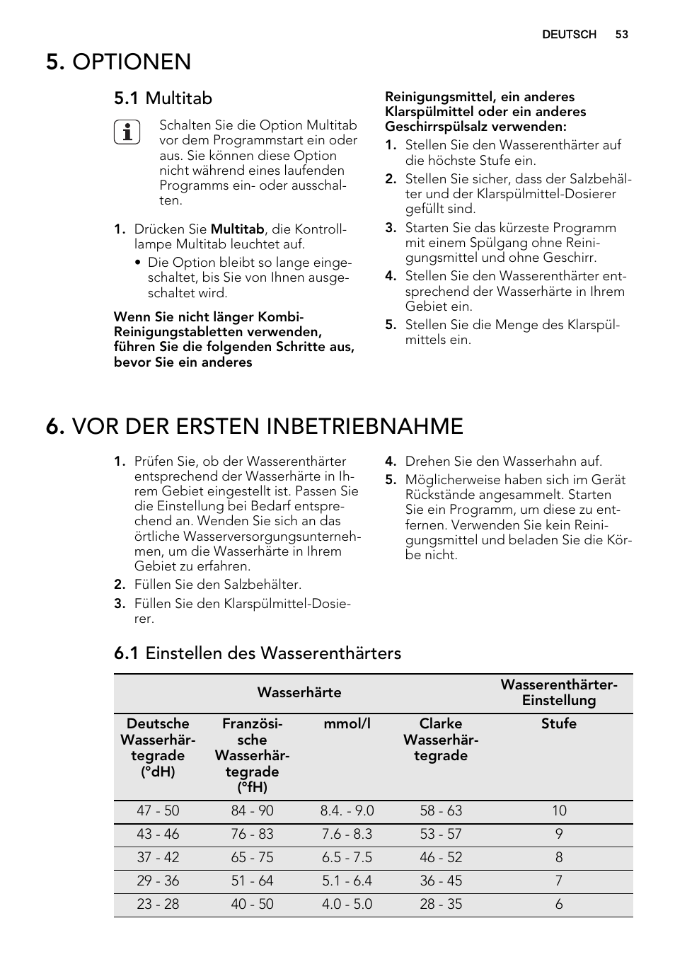 Optionen, Vor der ersten inbetriebnahme, 1 multitab | 1 einstellen des wasserenthärters | AEG F57202W0 User Manual | Page 53 / 64