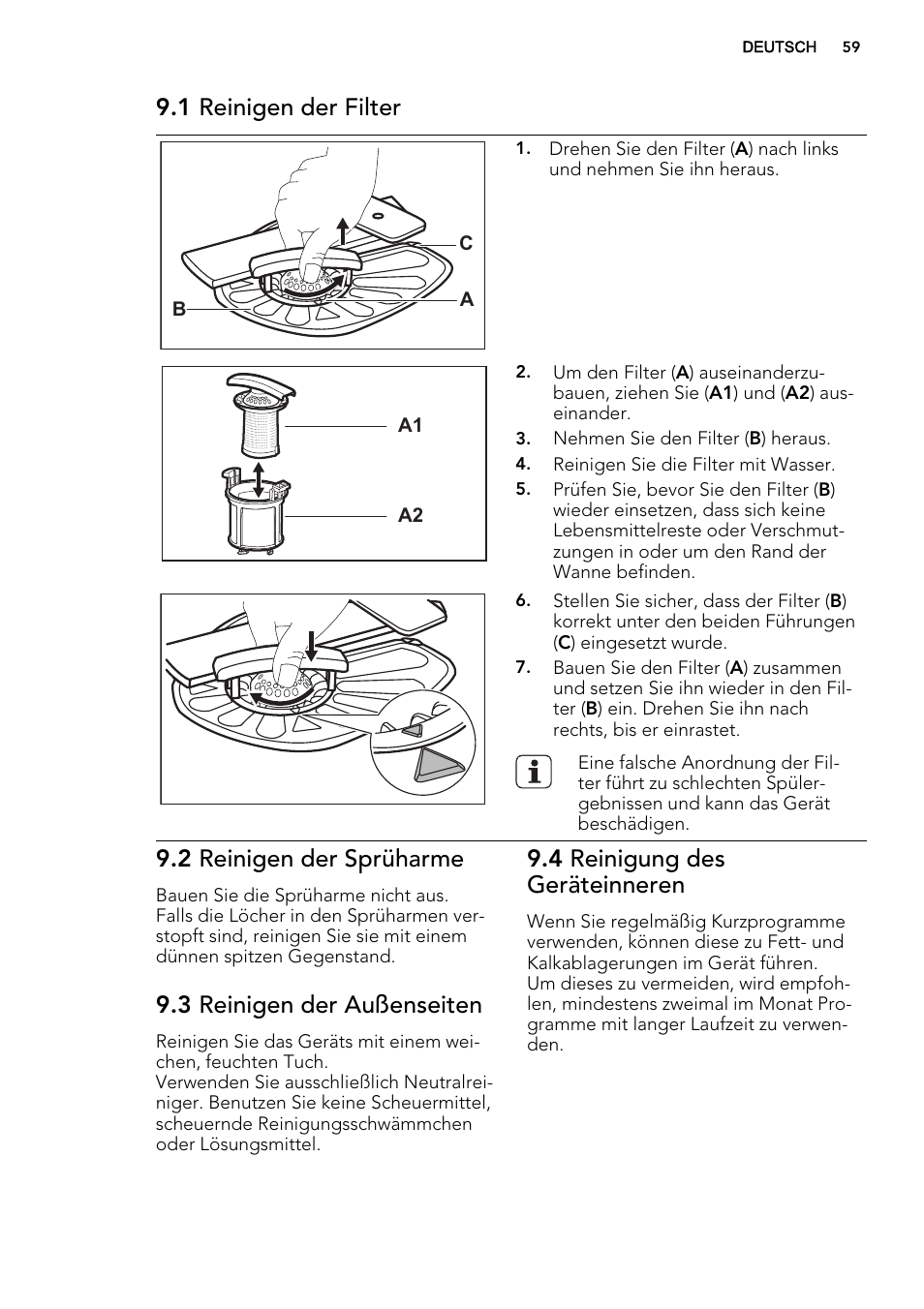 1 reinigen der filter, 2 reinigen der sprüharme, 3 reinigen der außenseiten | 4 reinigung des geräteinneren | AEG F57202W0 User Manual | Page 59 / 64