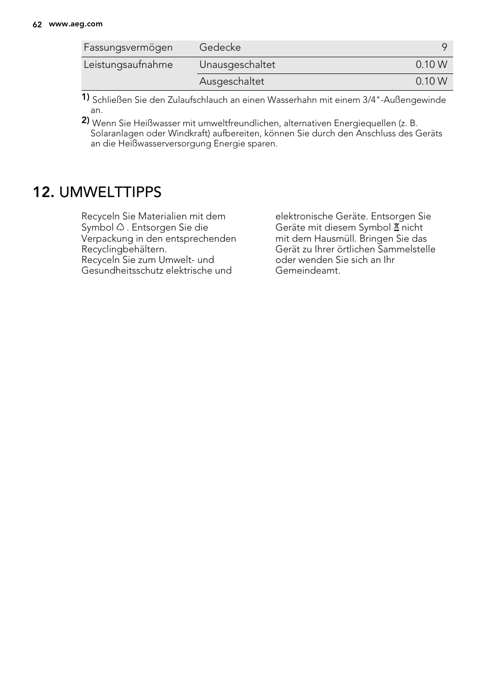 Umwelttipps | AEG F57202W0 User Manual | Page 62 / 64