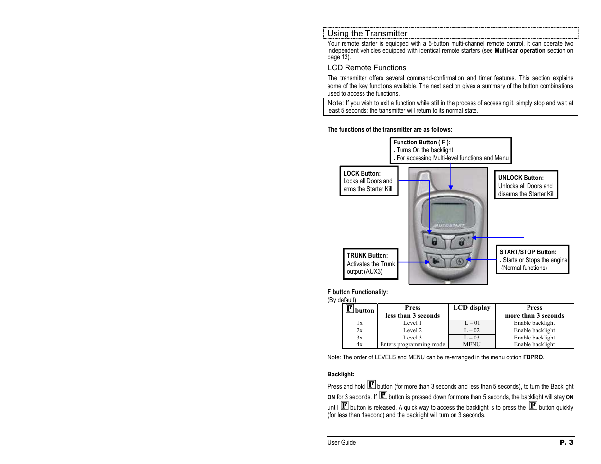 Using the transmitter, Lcd remote functions, The functions of the transmitter are as follows | F button functionality, Backlight | Autostart AS-2460 User Manual | Page 3 / 10