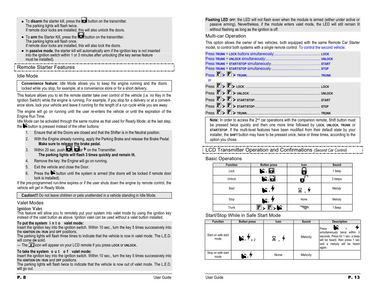 Remote starter features idle mode, Multi-car operation, Remote starter features | Lcd transmitter operation and confirmations | Autostart AS-2460 User Manual | Page 8 / 10