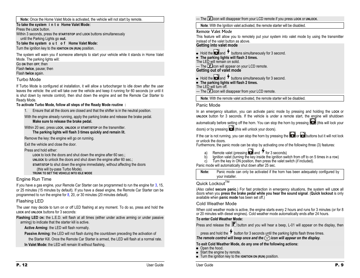 Turbo mode, Engine run time, Fiashing led | Panic mode, Quick lockouttm, Coid weather mode, Quick lockout, Cold weather mode, Extended run time, Flashing led | Autostart AS-2460 User Manual | Page 9 / 10