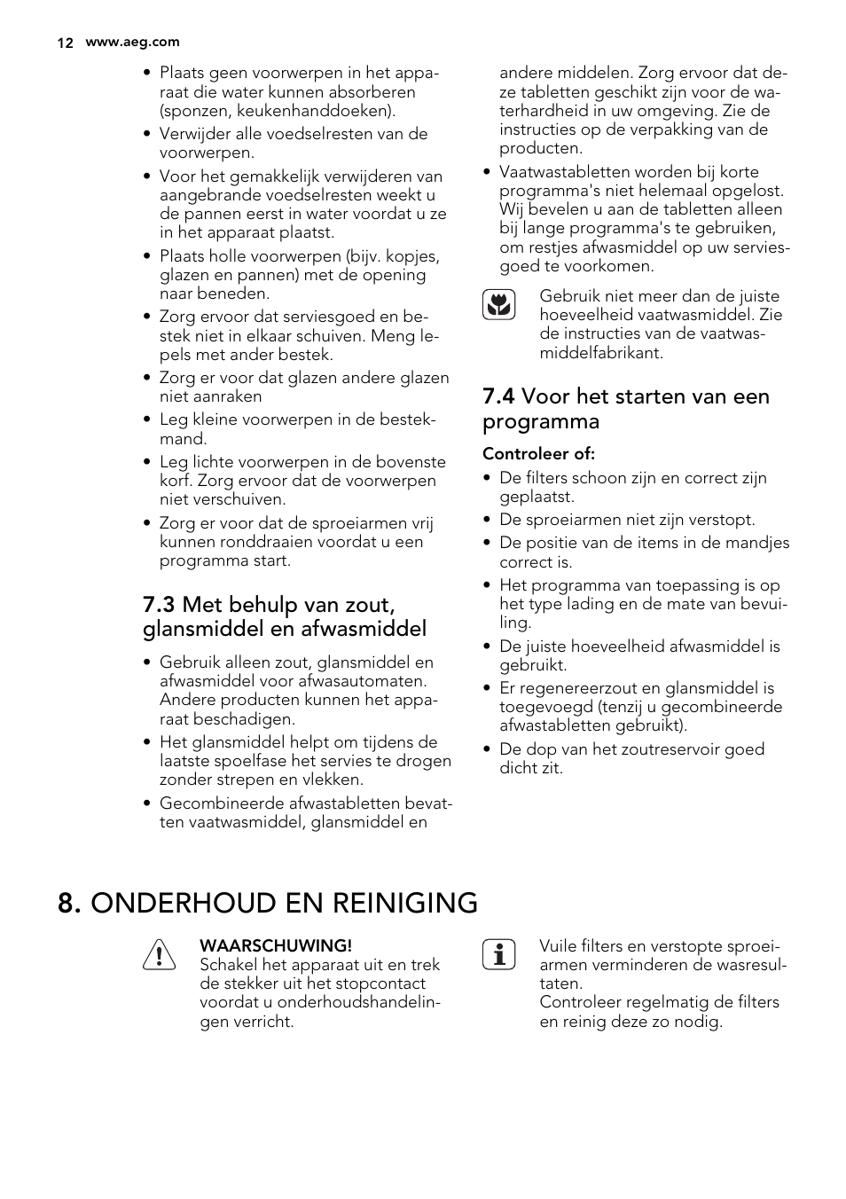 Onderhoud en reiniging, 3 met behulp van zout, glansmiddel en afwasmiddel, 4 voor het starten van een programma | AEG F34500IM0 User Manual | Page 12 / 68