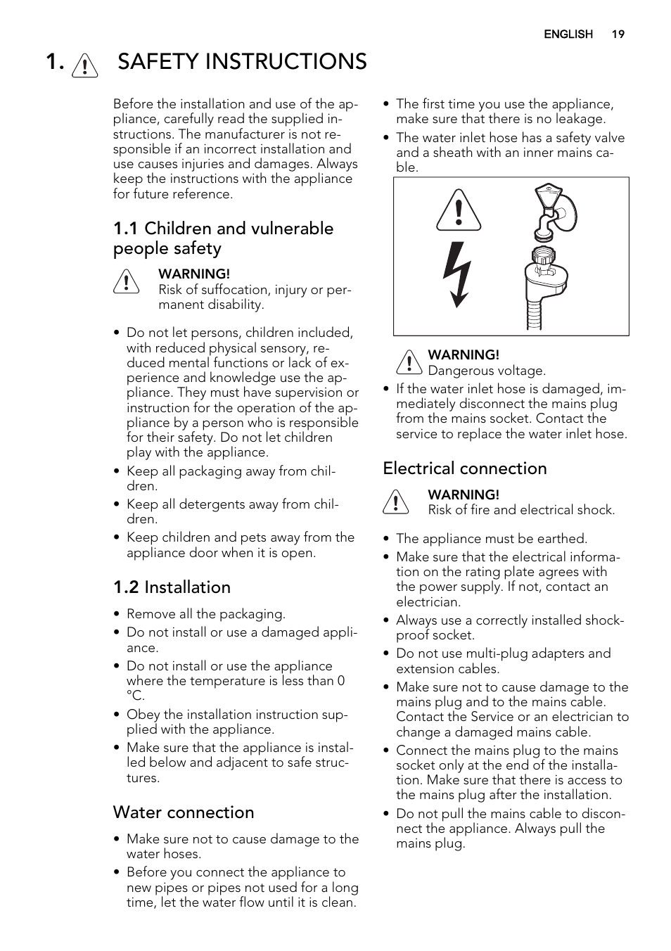 Safety instructions, 1 children and vulnerable people safety, 2 installation | Water connection, Electrical connection | AEG F34500IM0 User Manual | Page 19 / 68