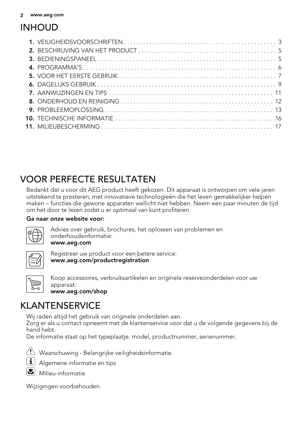 Inhoud, Voor perfecte resultaten, Klantenservice | AEG F34500IM0 User Manual | Page 2 / 68