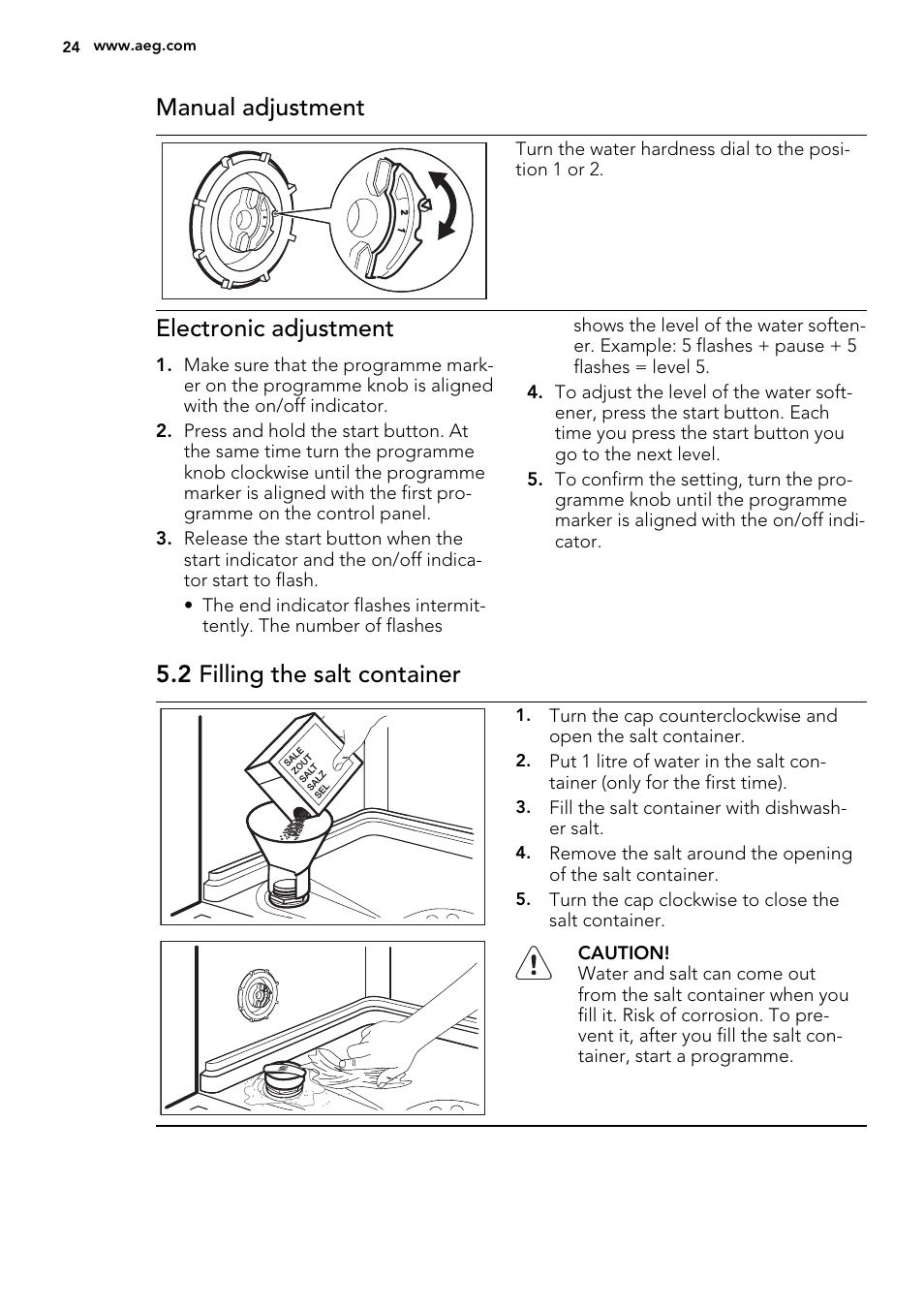 Manual adjustment, Electronic adjustment, 2 filling the salt container | AEG F34500IM0 User Manual | Page 24 / 68