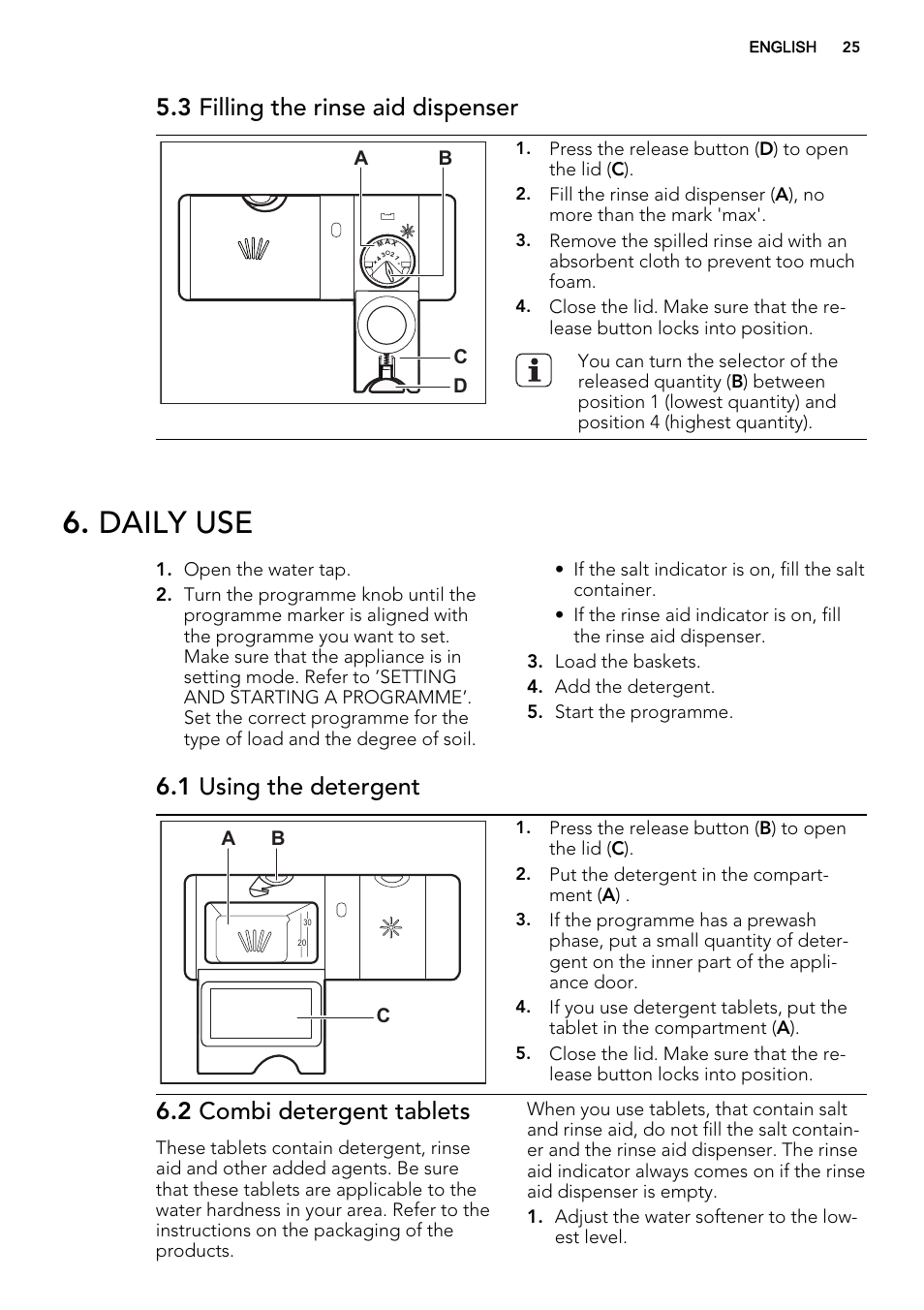 Daily use, 3 filling the rinse aid dispenser, 1 using the detergent | 2 combi detergent tablets, Ab d c, Ab c | AEG F34500IM0 User Manual | Page 25 / 68