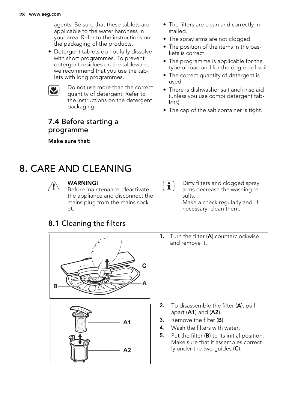 Care and cleaning, 4 before starting a programme, 1 cleaning the filters | AEG F34500IM0 User Manual | Page 28 / 68