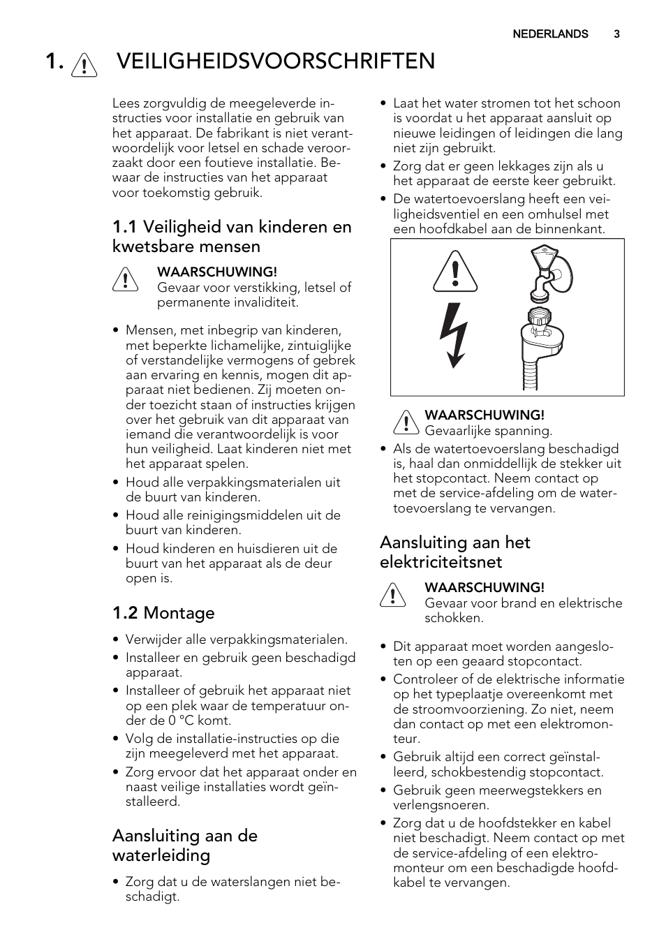 Veiligheidsvoorschriften, 1 veiligheid van kinderen en kwetsbare mensen, 2 montage | Aansluiting aan de waterleiding, Aansluiting aan het elektriciteitsnet | AEG F34500IM0 User Manual | Page 3 / 68