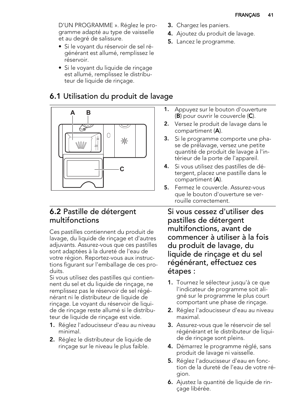 1 utilisation du produit de lavage, 2 pastille de détergent multifonctions | AEG F34500IM0 User Manual | Page 41 / 68