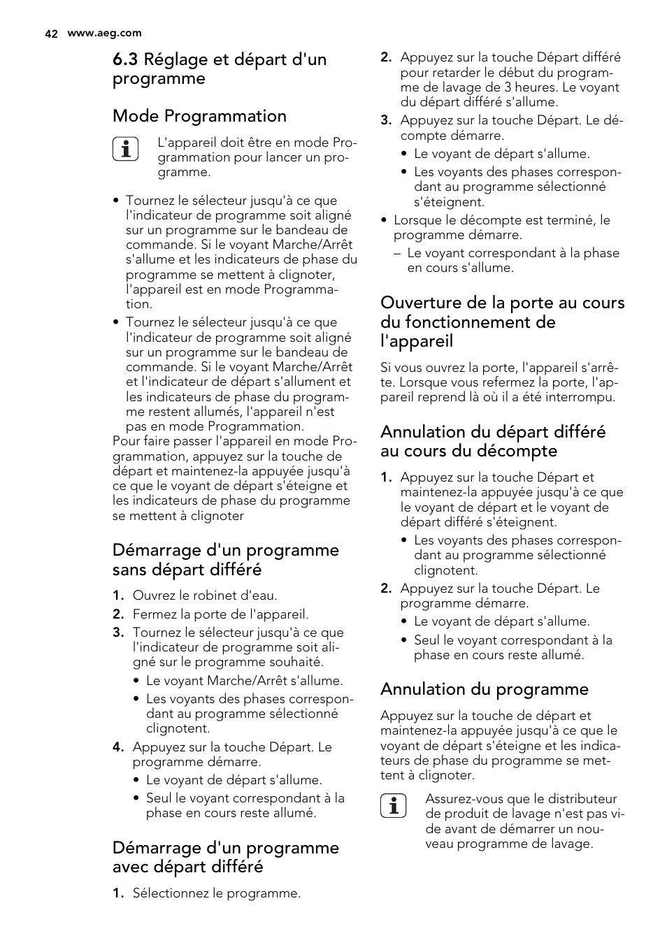 Démarrage d'un programme sans départ différé, Démarrage d'un programme avec départ différé, Annulation du départ différé au cours du décompte | Annulation du programme | AEG F34500IM0 User Manual | Page 42 / 68