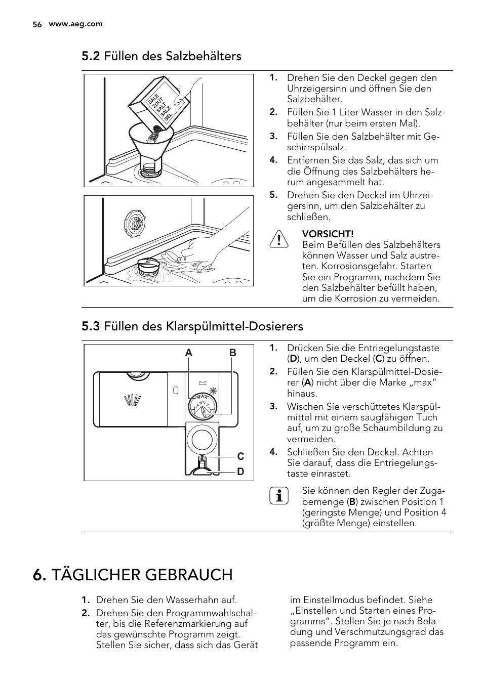 Täglicher gebrauch, 2 füllen des salzbehälters, 3 füllen des klarspülmittel-dosierers | AEG F34500IM0 User Manual | Page 56 / 68