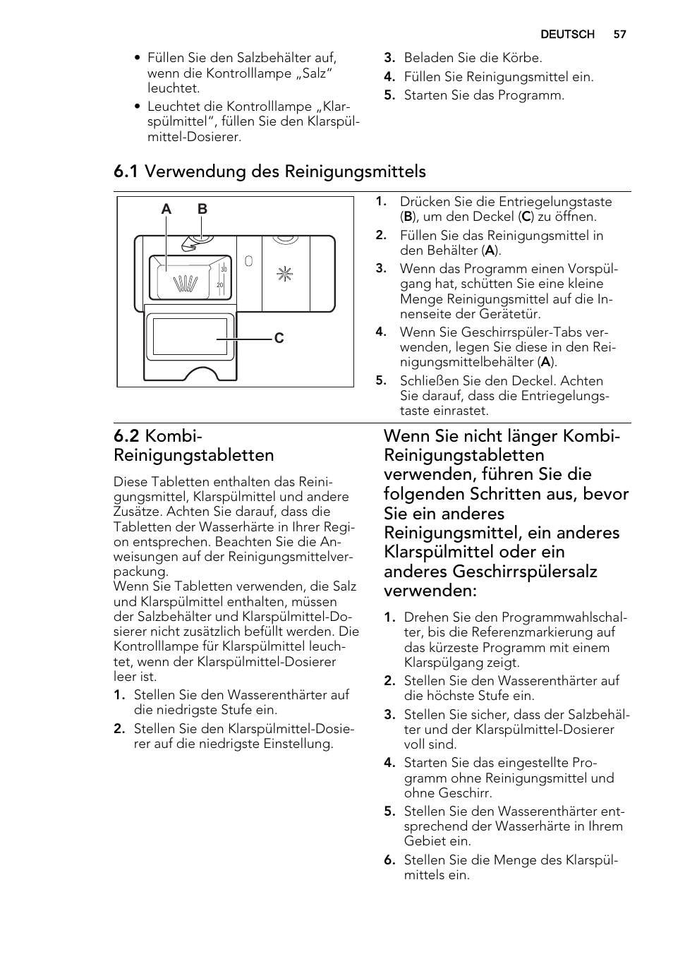 1 verwendung des reinigungsmittels, 2 kombi- reinigungstabletten | AEG F34500IM0 User Manual | Page 57 / 68