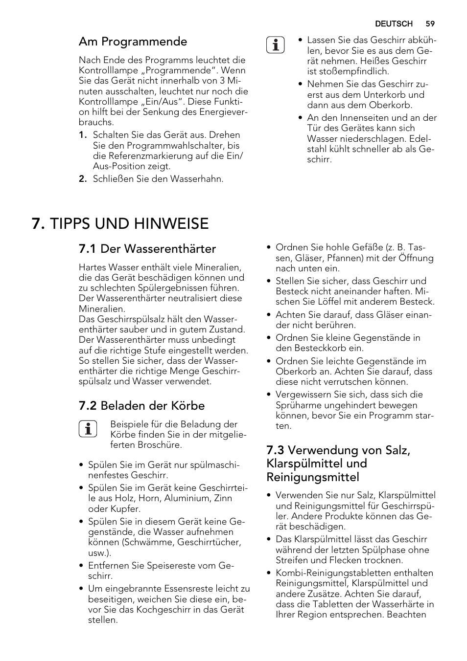 Tipps und hinweise, Am programmende, 1 der wasserenthärter | 2 beladen der körbe | AEG F34500IM0 User Manual | Page 59 / 68