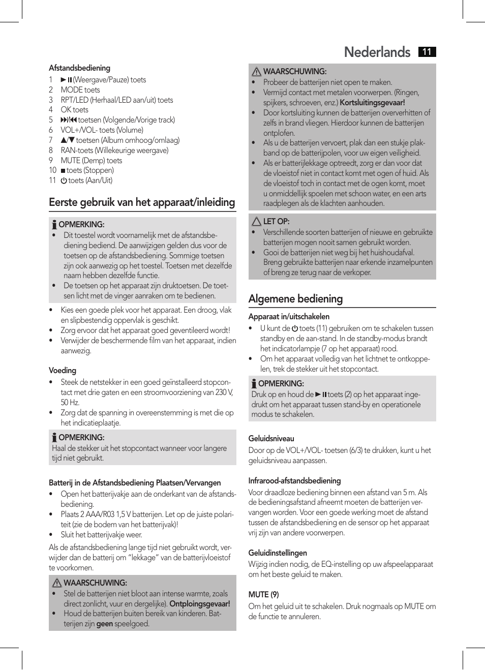 Nederlands, Eerste gebruik van het apparaat/inleiding, Algemene bediening | AEG BSS 4803 User Manual | Page 11 / 58