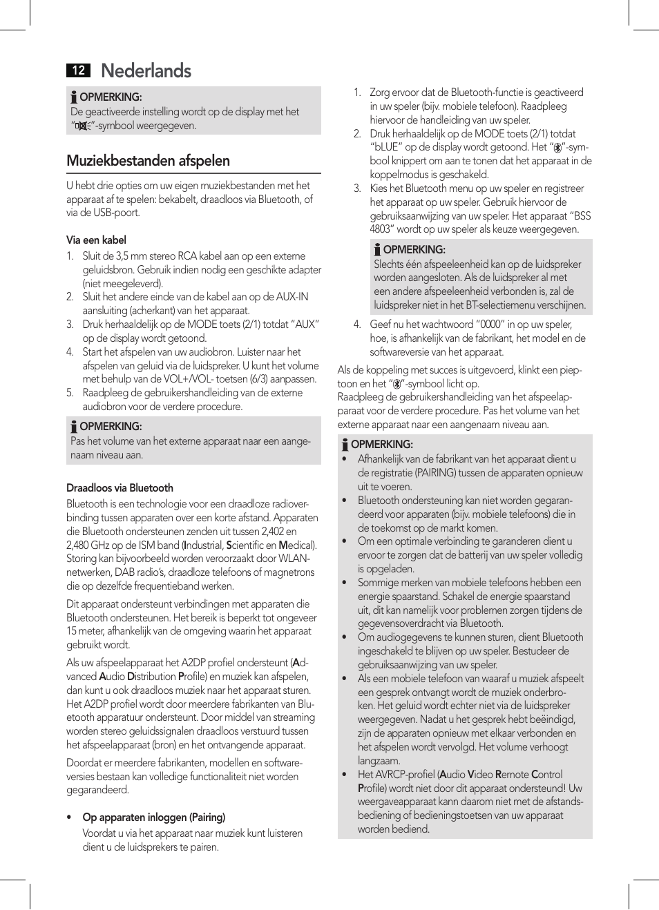 Nederlands, Muziekbestanden afspelen | AEG BSS 4803 User Manual | Page 12 / 58