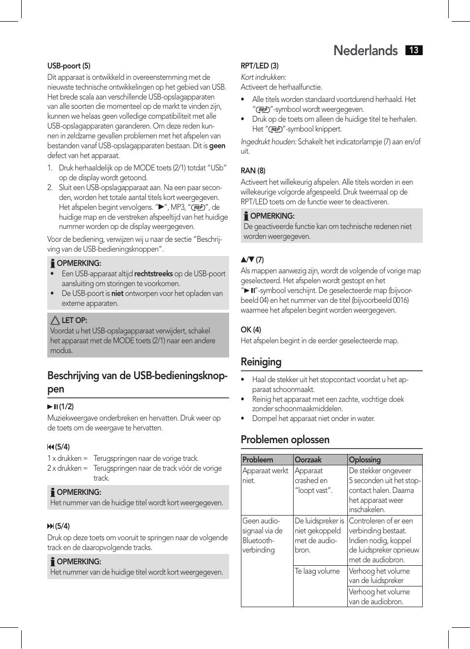 Nederlands, Beschrijving van de usb-bedieningsknop- pen, Reiniging | Problemen oplossen | AEG BSS 4803 User Manual | Page 13 / 58