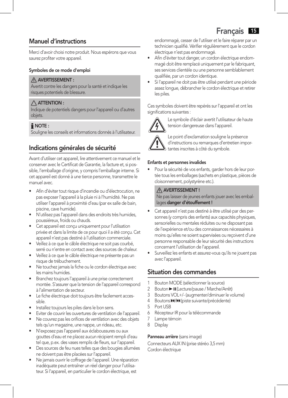 Français, Manuel d‘instructions, Indications générales de sécurité | Situation des commandes | AEG BSS 4803 User Manual | Page 15 / 58