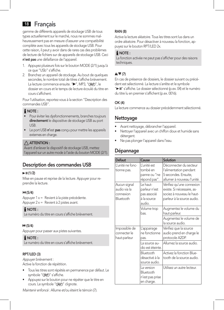 Français, Description des commandes usb, Nettoyage | Dépannage | AEG BSS 4803 User Manual | Page 18 / 58