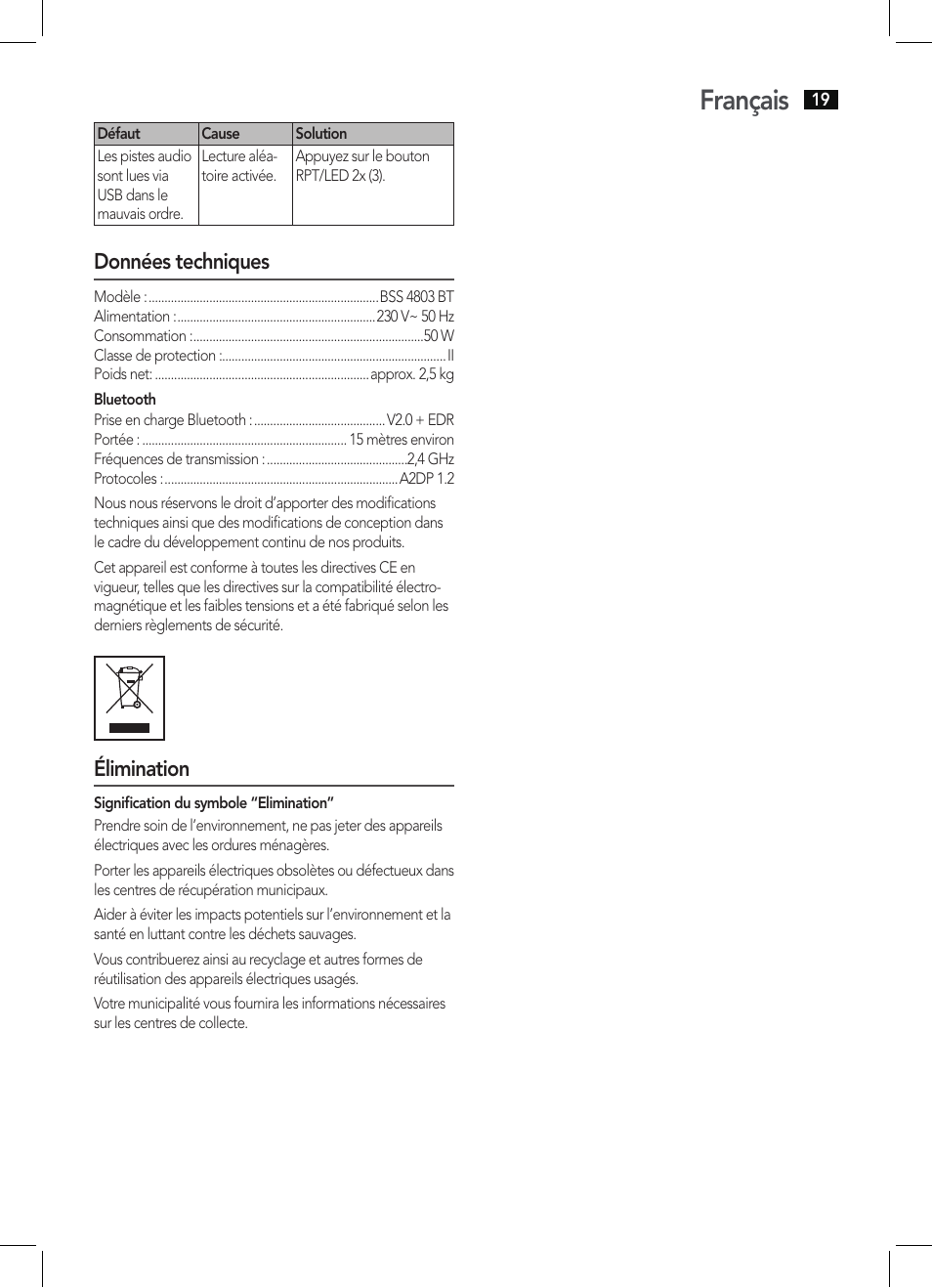 Français, Données techniques, Élimination | AEG BSS 4803 User Manual | Page 19 / 58