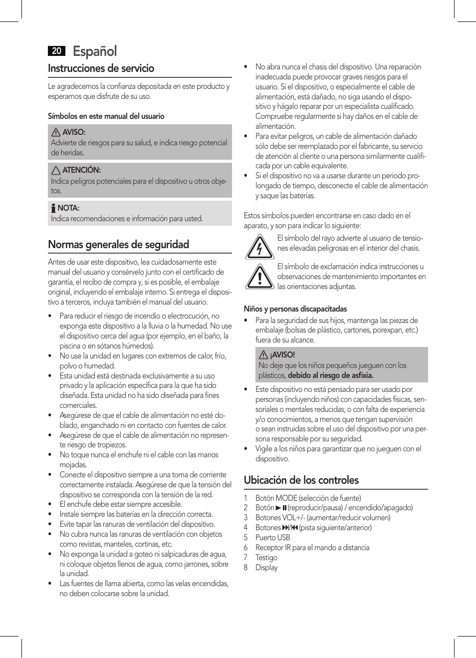 Español, Instrucciones de servicio, Normas generales de seguridad | Ubicación de los controles | AEG BSS 4803 User Manual | Page 20 / 58
