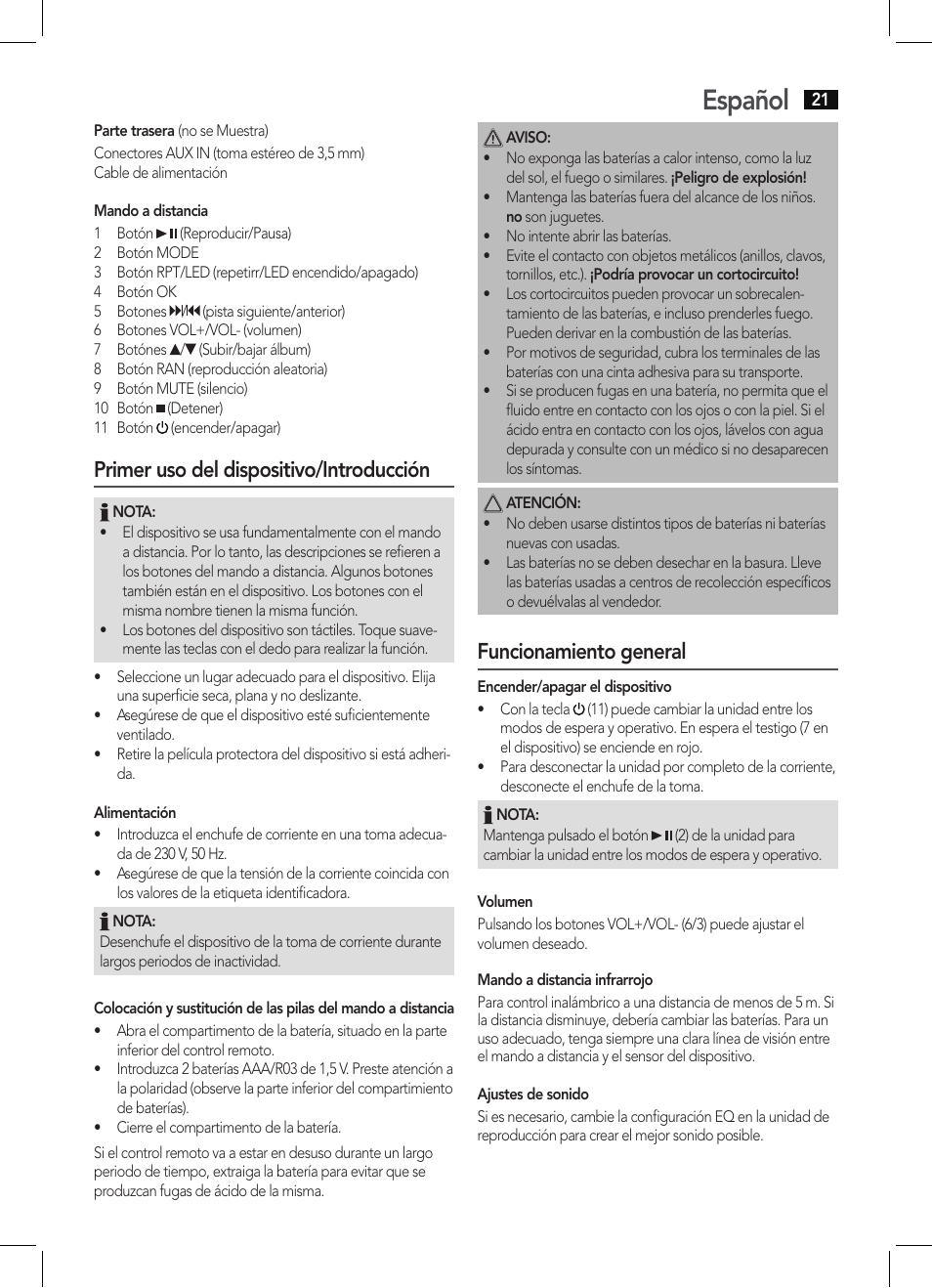 Español, Primer uso del dispositivo/introducción, Funcionamiento general | AEG BSS 4803 User Manual | Page 21 / 58