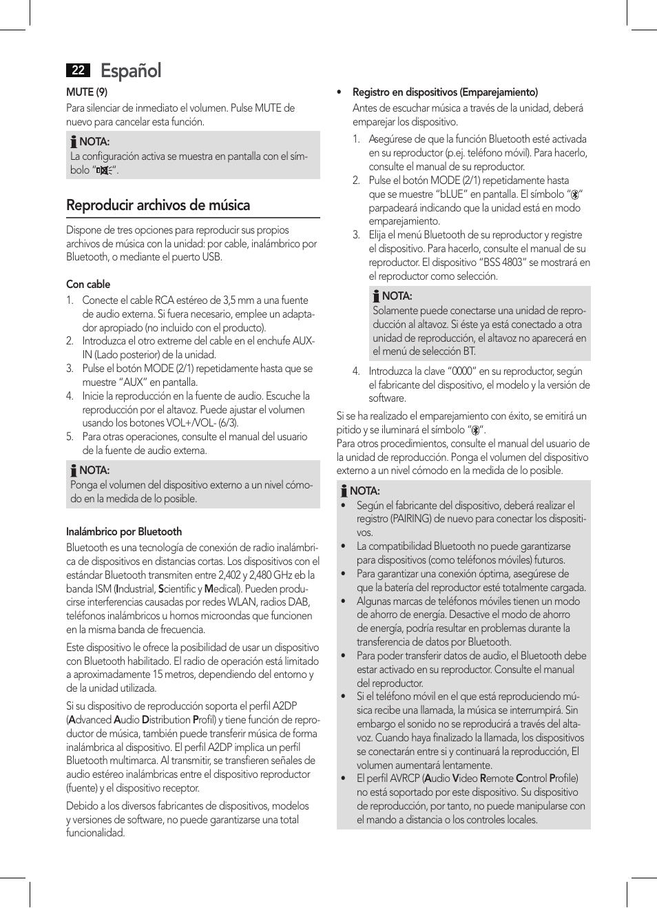 Español, Reproducir archivos de música | AEG BSS 4803 User Manual | Page 22 / 58
