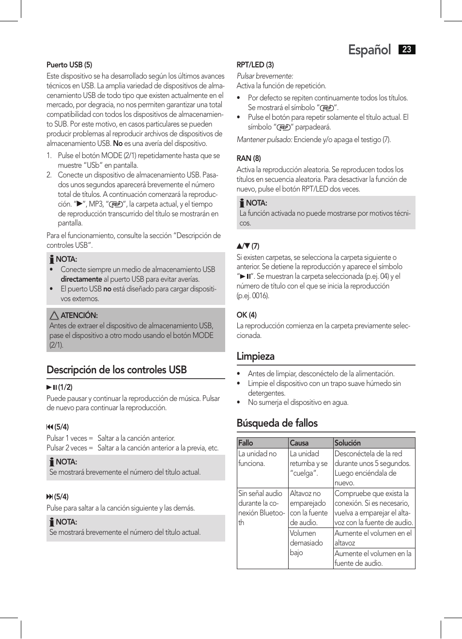 Español, Descripción de los controles usb, Limpieza | Búsqueda de fallos | AEG BSS 4803 User Manual | Page 23 / 58