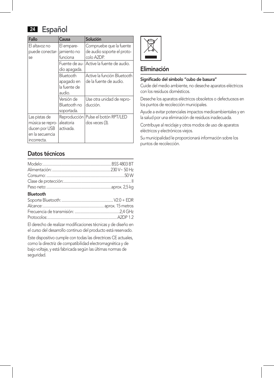 Español, Datos técnicos, Eliminación | AEG BSS 4803 User Manual | Page 24 / 58