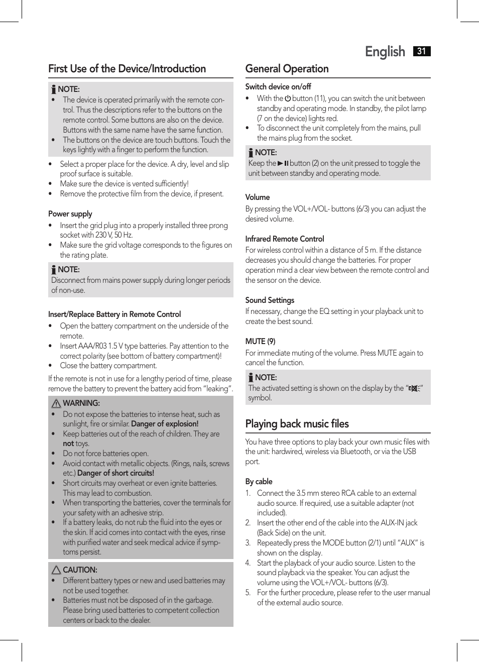 English, First use of the device/introduction, General operation | Playing back music files | AEG BSS 4803 User Manual | Page 31 / 58