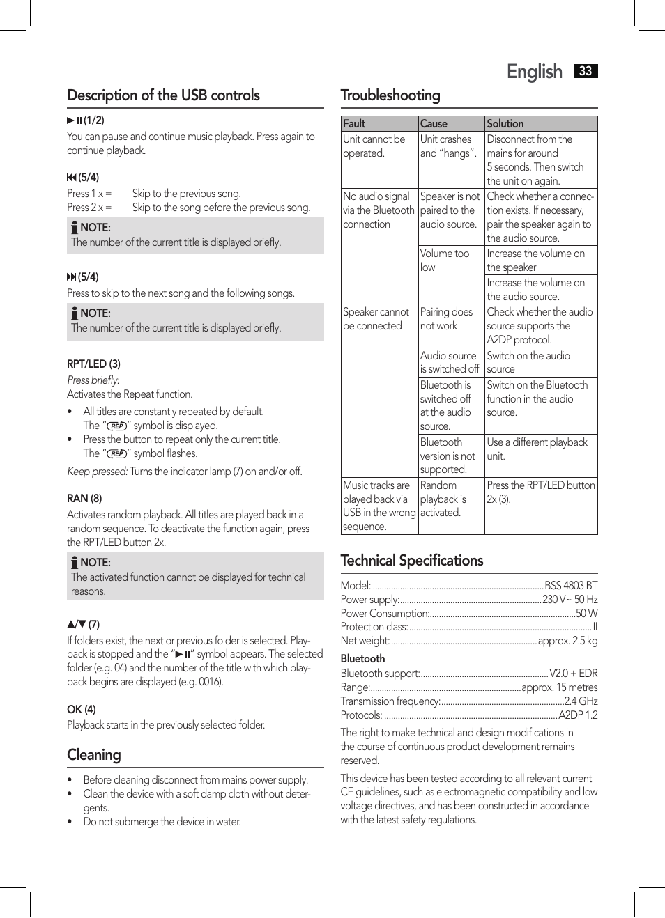 English, Description of the usb controls, Cleaning | Troubleshooting, Technical specifications | AEG BSS 4803 User Manual | Page 33 / 58