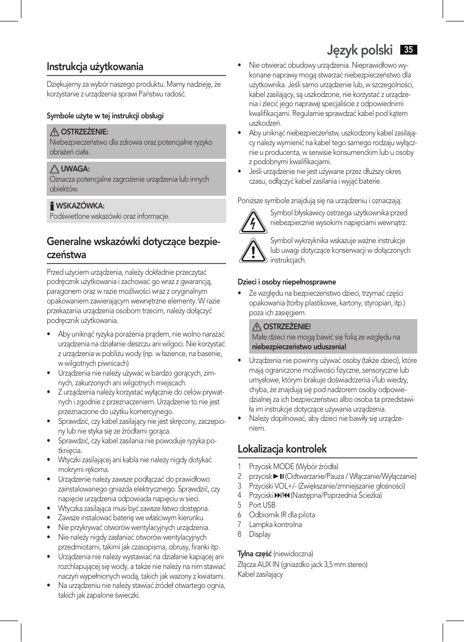 Język polski, Instrukcja użytkowania, Generalne wskazówki dotyczące bezpie- czeństwa | Lokalizacja kontrolek | AEG BSS 4803 User Manual | Page 35 / 58
