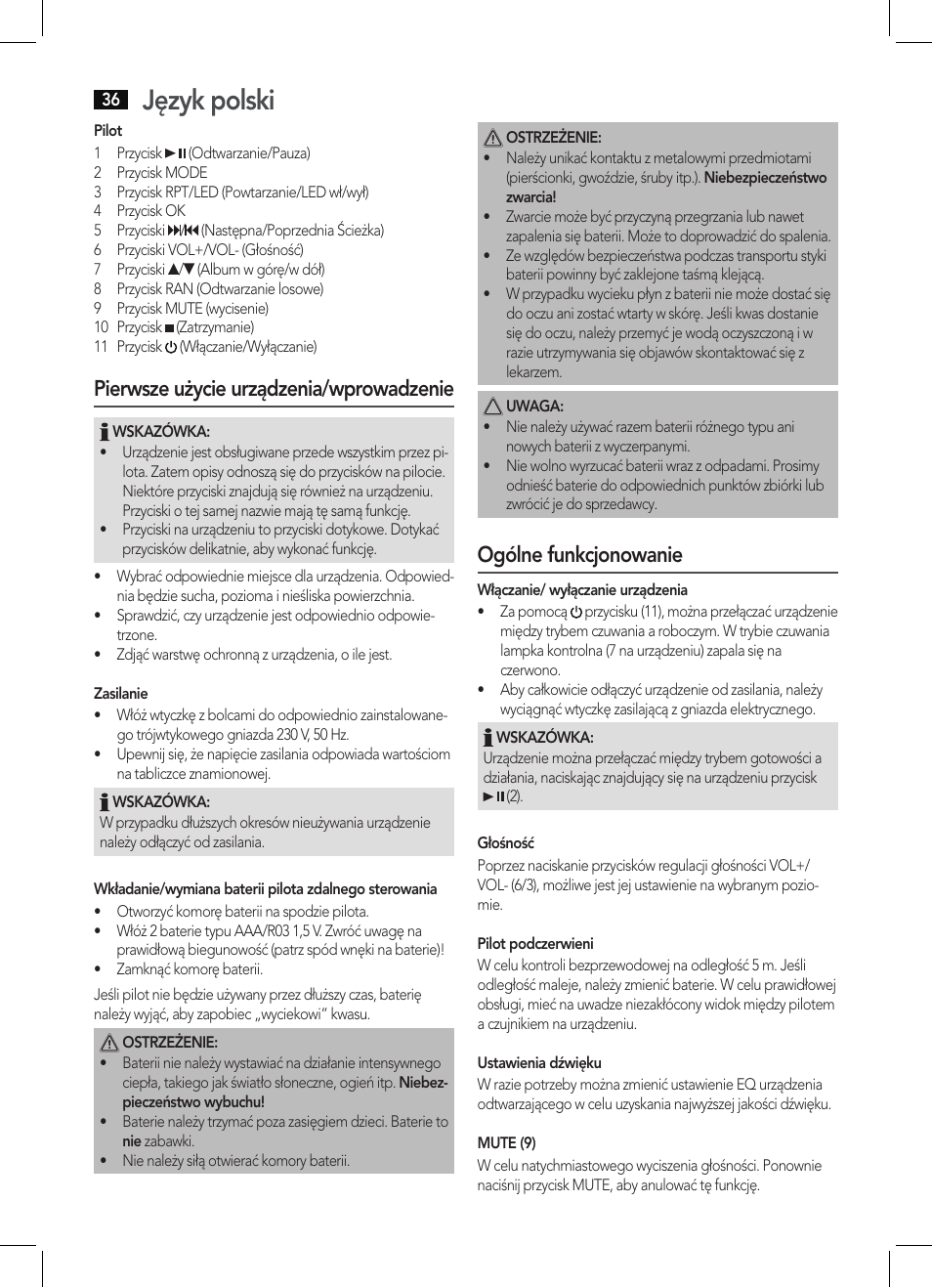Język polski, Pierwsze użycie urządzenia/wprowadzenie, Ogólne funkcjonowanie | AEG BSS 4803 User Manual | Page 36 / 58