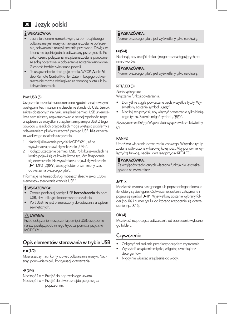 Język polski, Opis elementów sterowania w trybie usb, Czyszczenie | AEG BSS 4803 User Manual | Page 38 / 58
