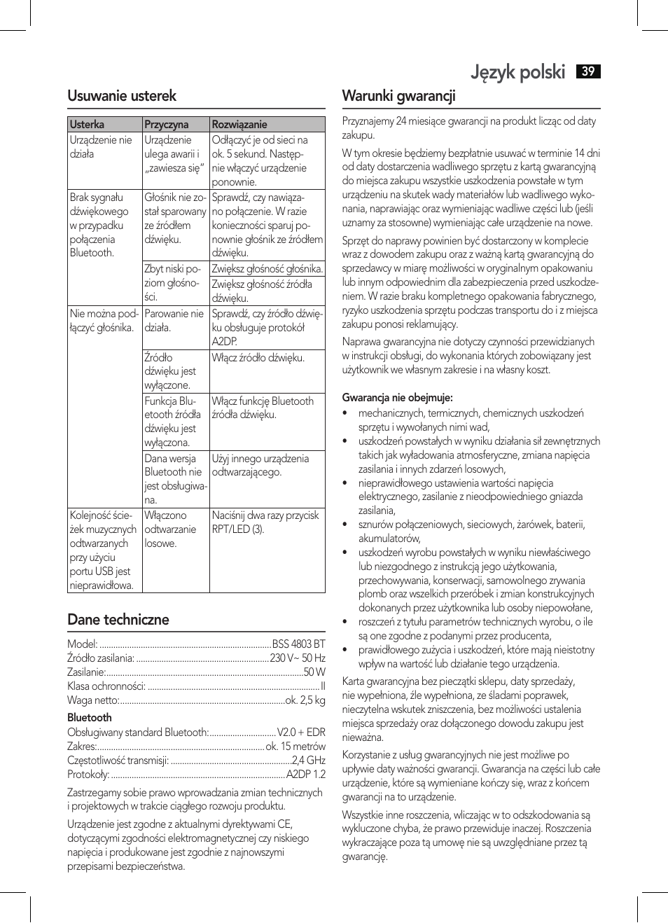 Język polski, Usuwanie usterek, Dane techniczne | Warunki gwarancji | AEG BSS 4803 User Manual | Page 39 / 58