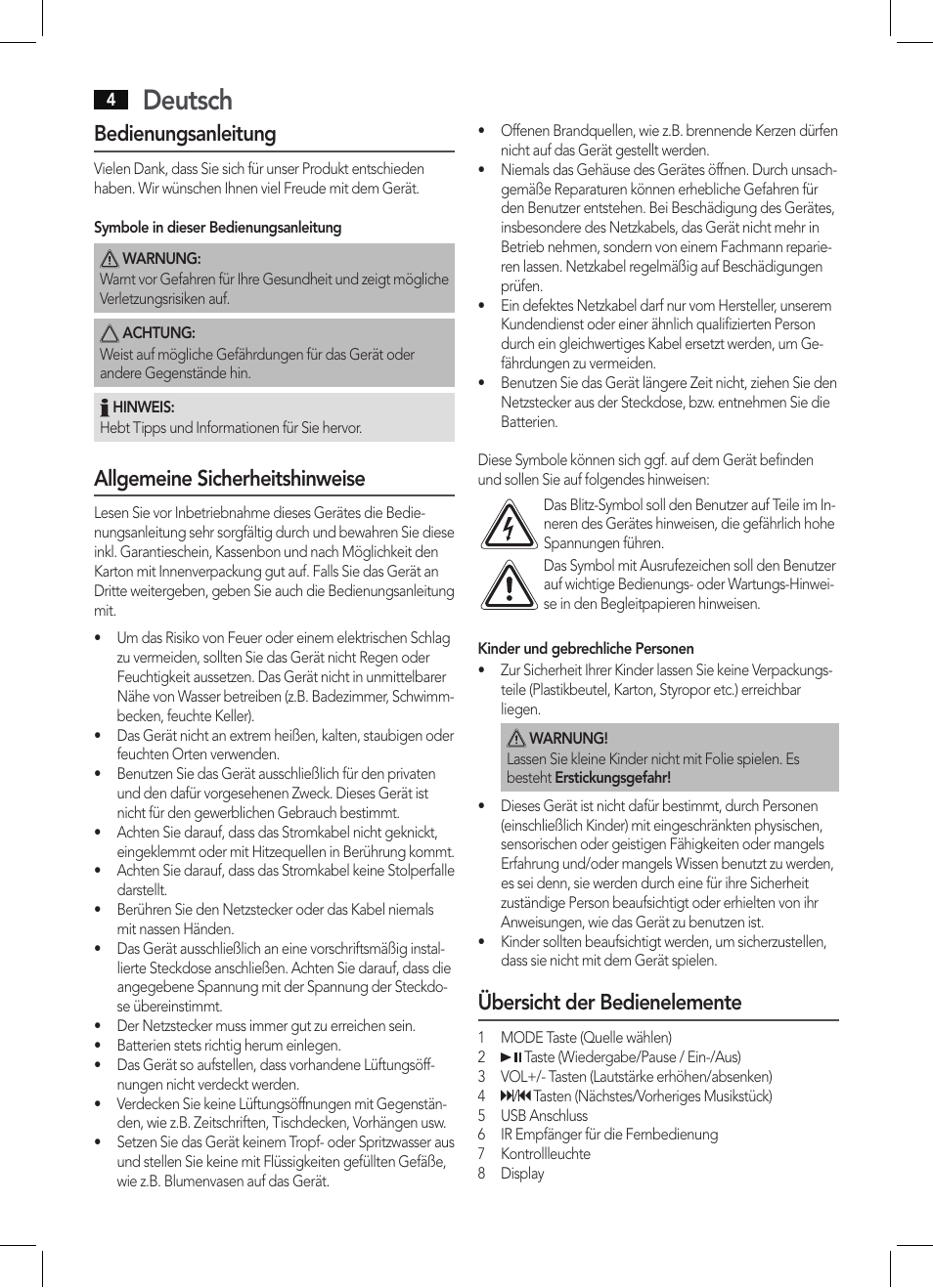 Deutsch, Bedienungsanleitung, Allgemeine sicherheitshinweise | Übersicht der bedienelemente | AEG BSS 4803 User Manual | Page 4 / 58