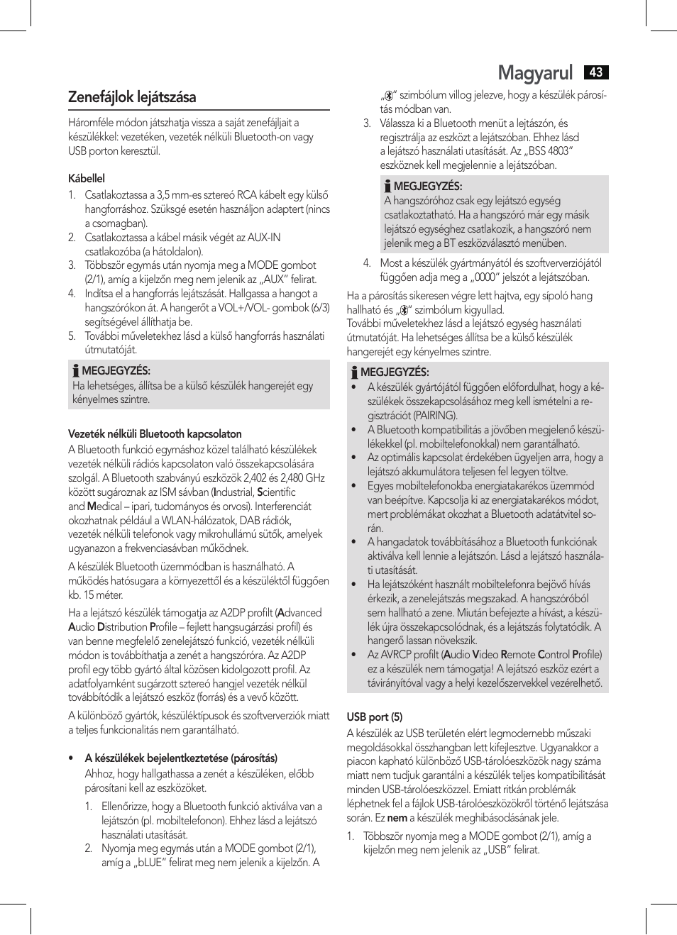 Magyarul, Zenefájlok lejátszása | AEG BSS 4803 User Manual | Page 43 / 58